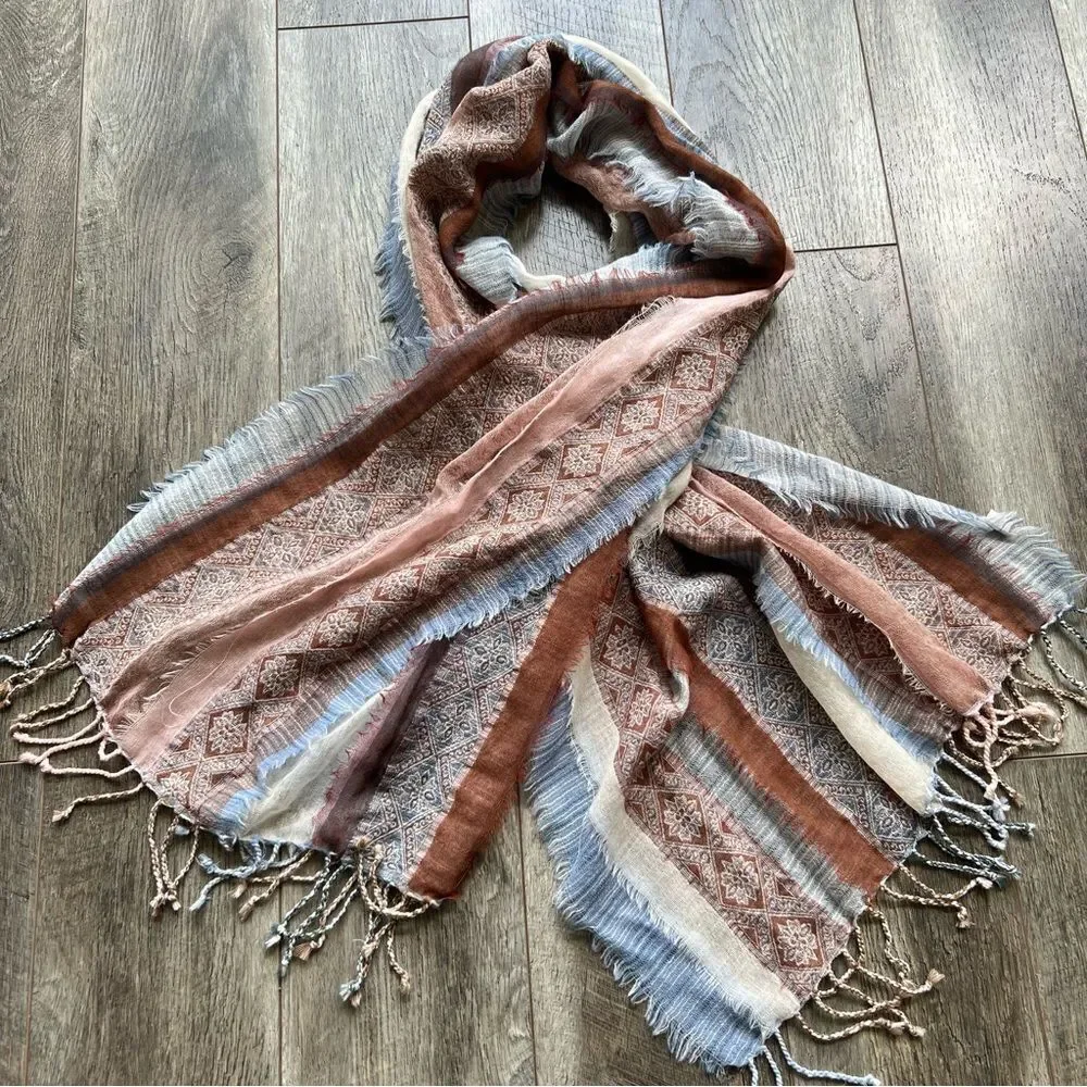 PRANA Mae Scarf Wrap Fringed Striped Tan Blue Cream Multicolored 100% Wool